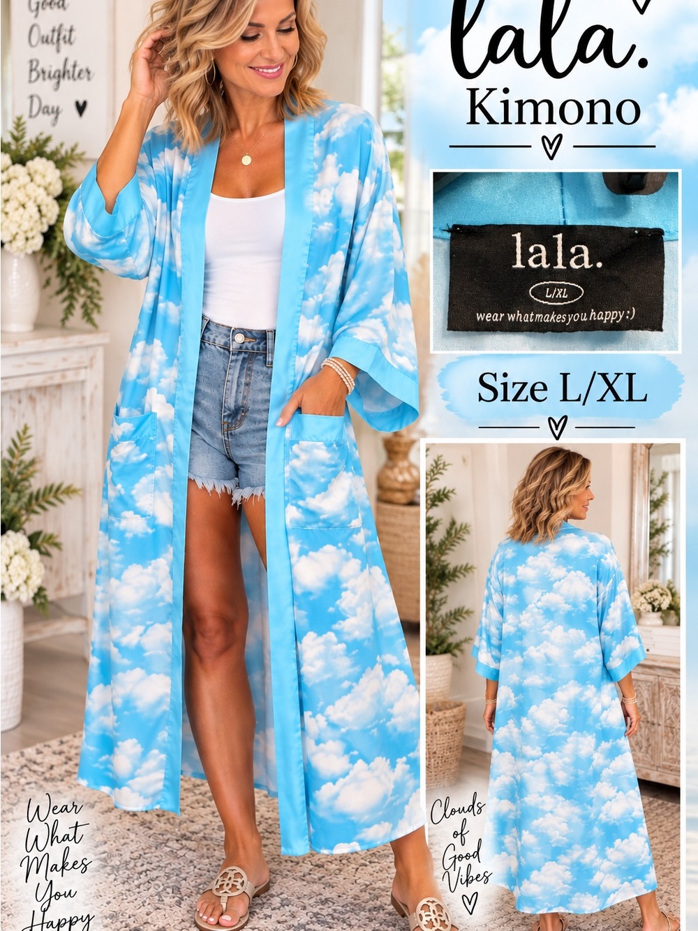 Cloud Print Kimono Robe in Sky Blue - L/XL